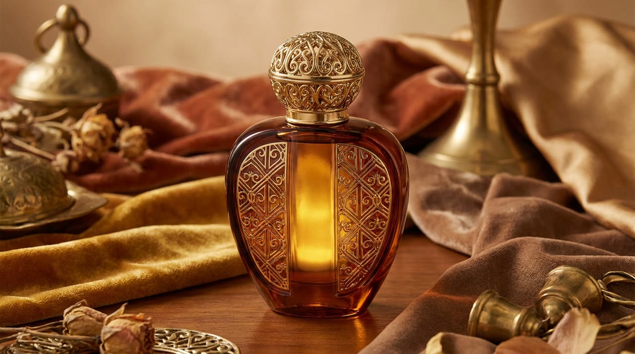 Sierlijke parfumfles met gouden, decoratieve details